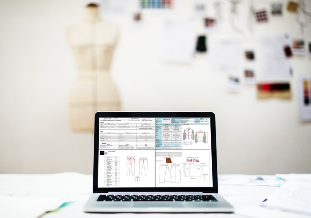 fashion studio with open laptop on a table showing a tech pack files