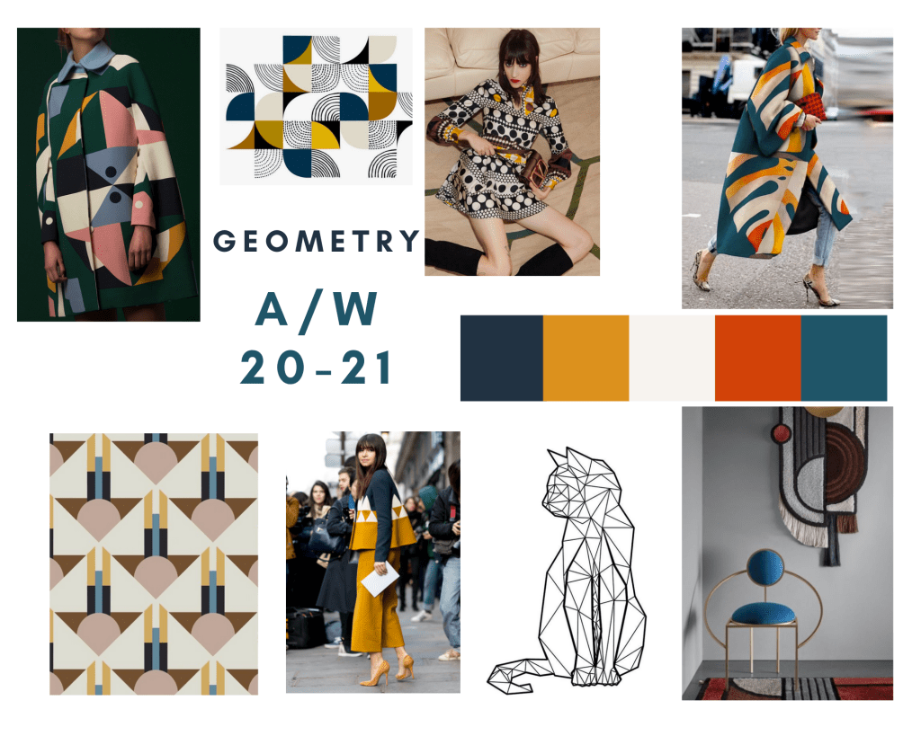 imagery of geometric clothing, furniture and art compiled into a mood board